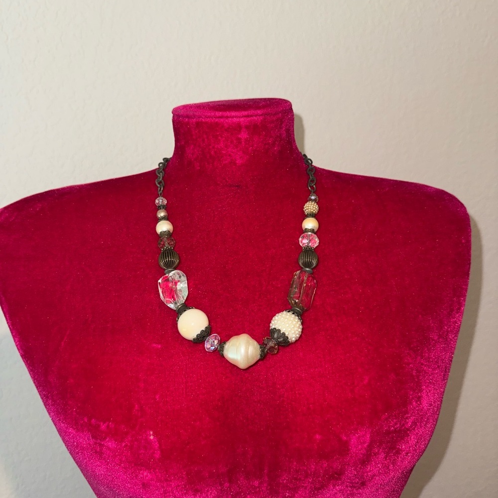 Whimsical Cream and Brass Necklace with Natural Stones